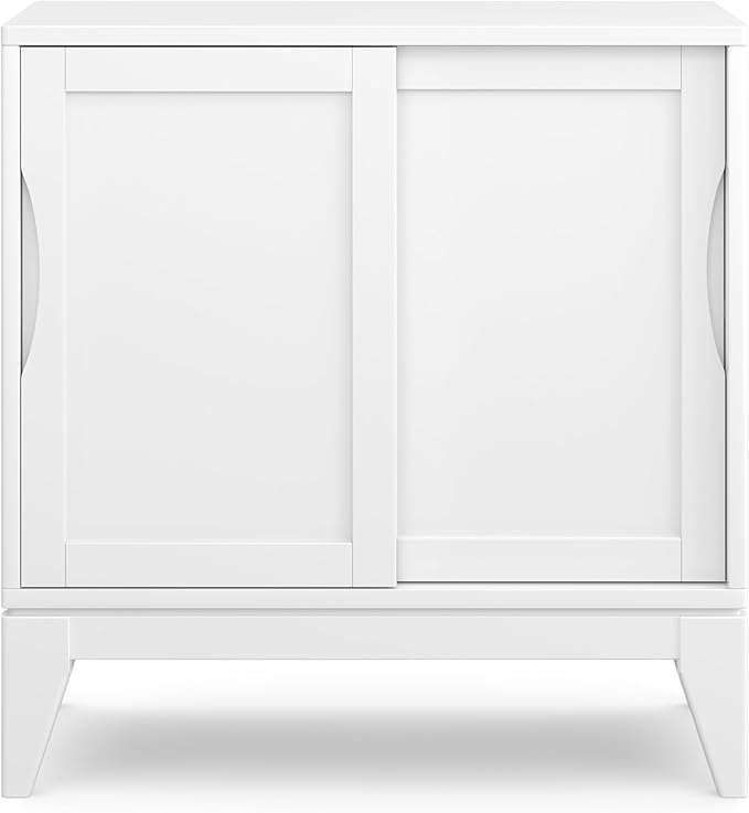 SIMPLIHOME Harper Storage Cabinet - 30 inch Wide Solid Hardwood 2-Shelf Low Console Cabinet in White, Mid-Century Modern Cupboard for Living Room with Sliding Doors and Adjustable Shelves