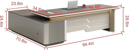 94IN Executive Office Desk - Large Office Desk L Shaped Computer Desk with 2 Drawers & Grille Design | Thickened Countertop & Large Capacity Side Cabinet Storage & Metal Cabinet Handle