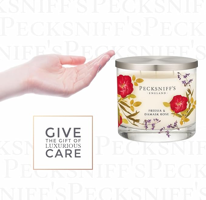 Pecksniff’s 3 Wick Candle – Freesia & Damask Rose, 550 g / 19.4 oz – Long Lasting Burn, Elegant Home Decor & Relaxing Ambiance