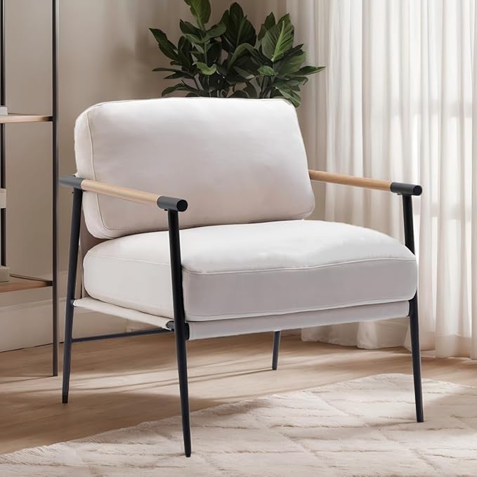 DUOMAY Mid-Century Modern Accent Chair, Soft Linen Upholstered Lounge Reading Chair with Metal Legs Comfy Lightweight Livinig Room Chair Armchair for Home Bedroom, Beige