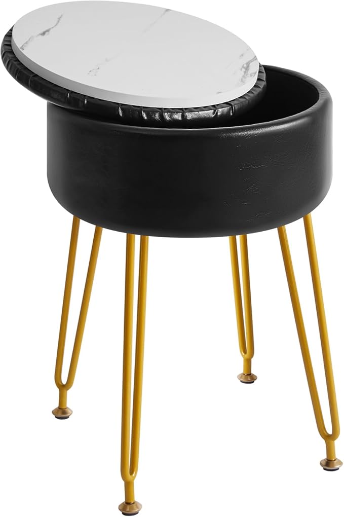 IBUYKE Faux Leather Round Footrest Stool with Storage Ottoman, Makeup Vanity Chair Side Table, PU Dressing Table Seat, Removable Cover, Golden Steel Legs, Black WBD024B