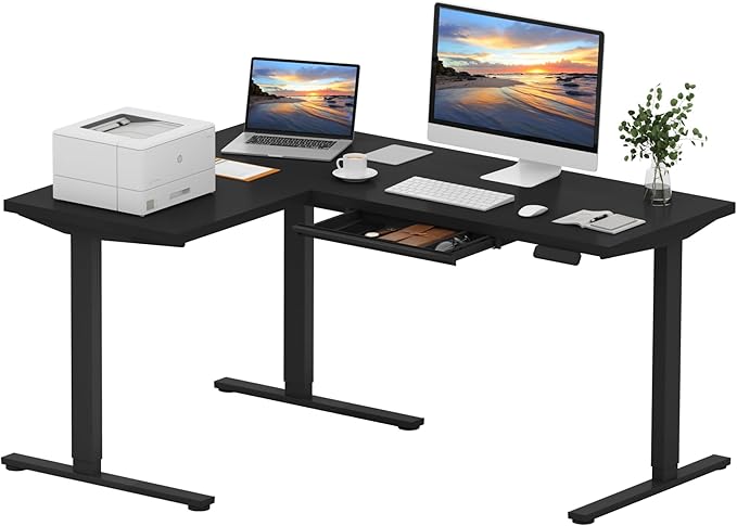 SANODESK L Shaped Electric Standing Desk with Drawer, 63 Inch Ergonomic Adjustable Height Desk with Storage, Corner Desk Sit Stand up Computer Table for Work Office Home, Black
