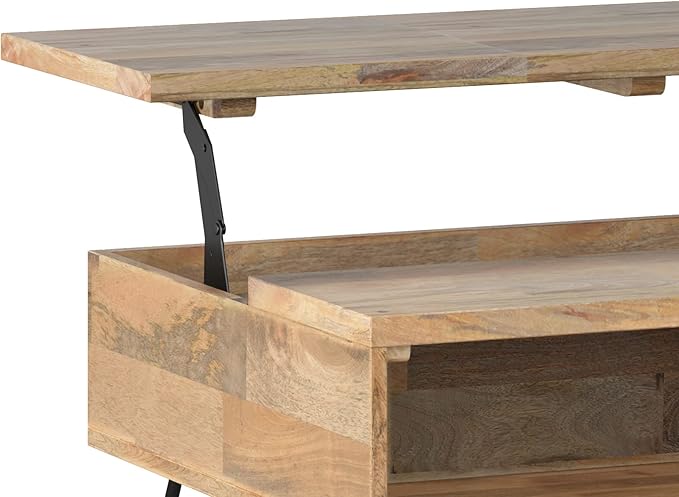 SIMPLIHOME Hunter Small Lift Top Coffee Table - 36 inch Wide Solid Mango Wood and Metal Industrial Cocktail Table in Natural, Living Room Table with Hidden Storage, 2 Cubbies, and Hairpin Legs