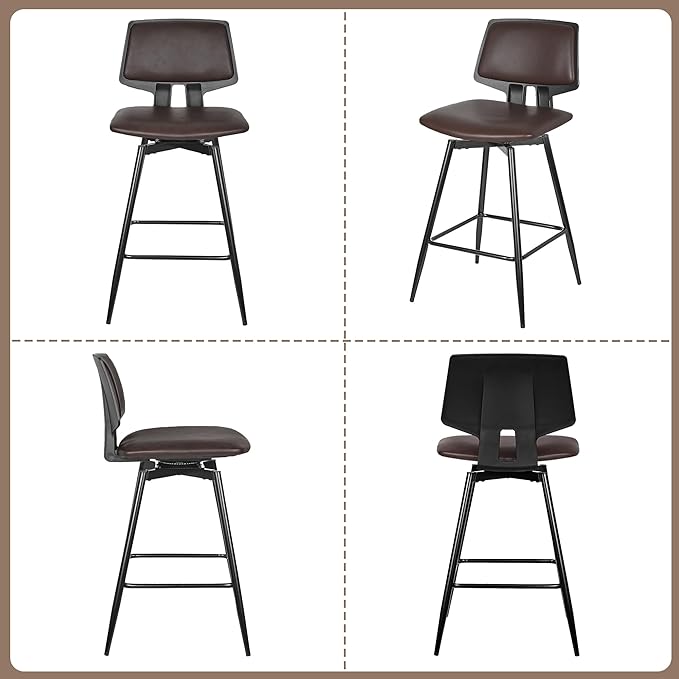 VECELO Swivel Leather Bar Stools Set of 4, Counter Height Barstools with Back, Metal Legs, 35.2-Inch Tall Barstools for Kitchen Island, Home Bar, Cafe, Brown