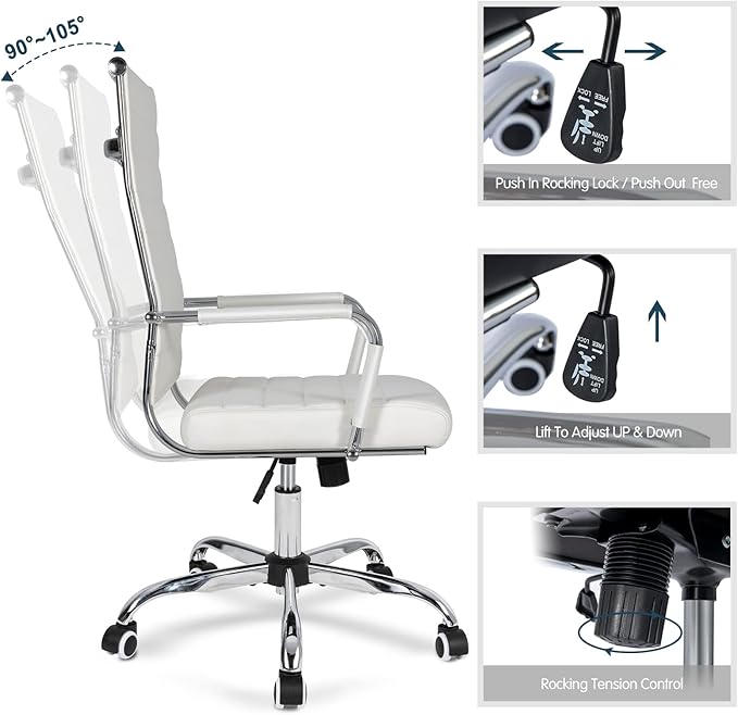 Home Office Chair Ribbed, Modern Leather Conference Room Chairs, Ergonomic Office Desk Chair, High Back Executive Computer Chair, Adjustable Swivel Chair with Arms (White)