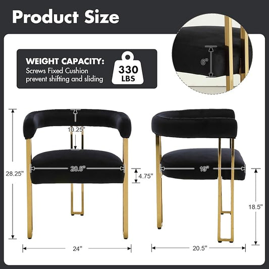 Set of 4 Black and Gold Modern Dining Chairs, Velvet Upholstered Barrel Armchairs with Metal Legs for Kitchen Island, Mid Century Accent Chairs for Dining Room Living Room, Open-Back