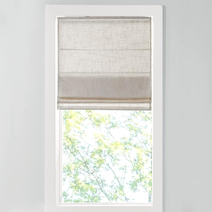 Madison Park Kyler Cordless Roman Shades - Single Panel, Lightweight Linen Blend Fabric, Natural Design, Easy Installation, Light Filtering Window Blind, Bedroom, Living Room Decor 29"W x 64"H Natural