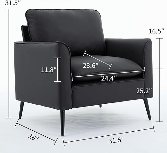 YISHENG Mid-Century Modern Living Room Accent Chairs Set of 2 - Oversized Faux Leather Armchairs with Removable Cushions & Metal Legs, Comfortable Sofas for Office/Lounge/Bedroom/Reception,(Black)
