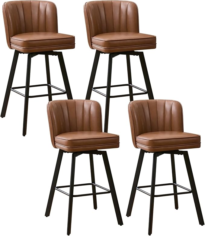 Swivel Counter Height Bar Stools Set of 4, 30'' Modern Barstools with Backs and Metal Legs, Upholstered Bar Chairs, Faux Leather Dark Brown Stools for Kitchen Island Chairs