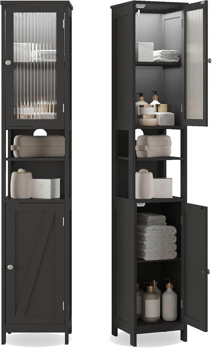 ChooChoo Tall Bathroom Storage Cabinet with Light,5-Tier Narrow Bathroom Cabinet with 2 Doors, Slim Storage Linen Cabinet Freestanding with Adjustable Shelves for Space Saving, Black