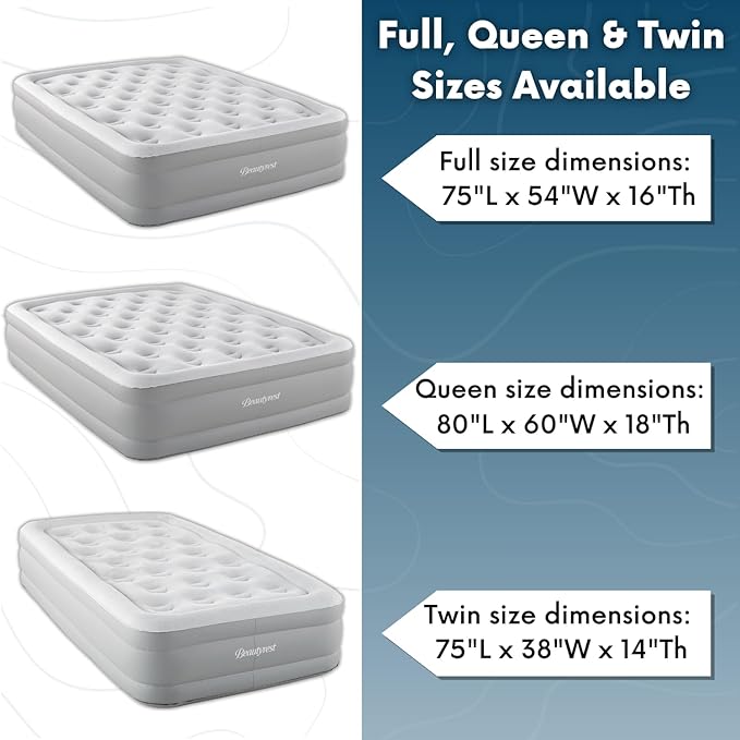 Beautyrest Skyrise Full Size Air Mattress with Coil Beam Construction, Edge Support with External Pump and Puncture Resistant Vinyl for Guests and Camping