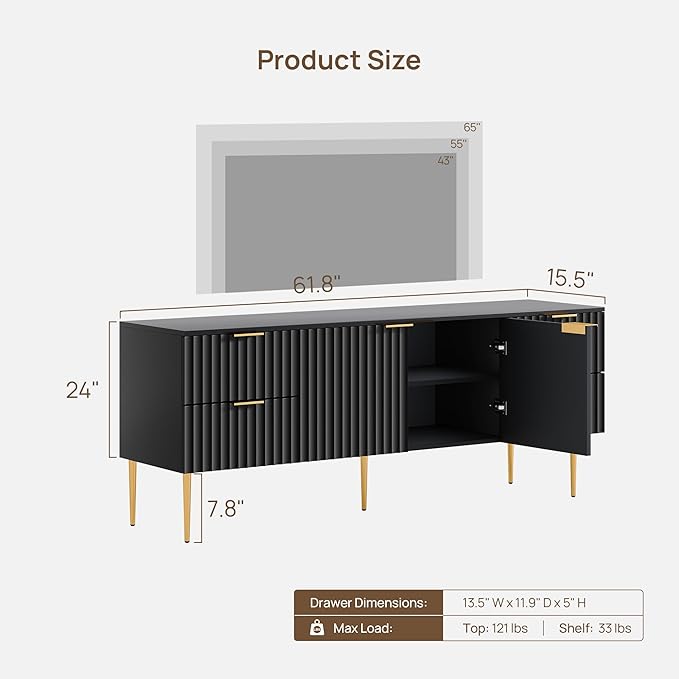 SICOTAS TV Stand for 55/60/65/70 Inch TV - 62 Inch TV Stands for Living Room Entertainment Center with 4 Drawers, Fluted Modern TV Media Console Television Cabinet for Bedroom(Black, 2 Pieces)