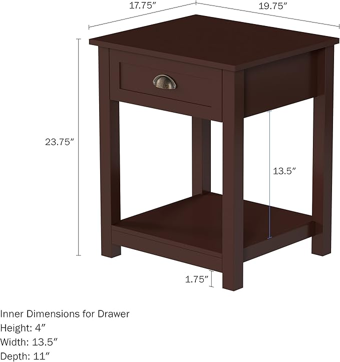 Lavish Home End Tables with Drawer - Set of 2 Sofa or Bedside Tables with Storage Shelf - Shaker Style Wooden Nightstand or Side Table Pair (Brown)