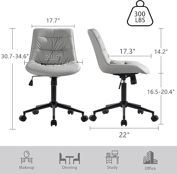 Kidol & Shellder Faux Leather Office Chair, Adjustable Swivel Height Task Chair, Rolling Wheels & Soft Backrest - Armless Ergonomic Desk Chair for Home, Office,Vanity,Gaming(Gray)
