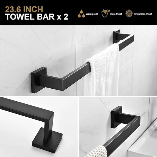 5-Piece Bathroom Hardware Set Matte Black, Lava Odoro Towel Bar Set Stainless Steel Wall Mounted - Include 2 Towel Bar Towel Ring Toilet Paper Holder and Double Hook, 23.6-Inch