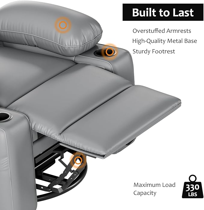 27" Oversized Power Recliner Chair, Faux Leather Rocking Chair with Heat & Massage, 360° Swivel Modern Electric Recliner with Cup Holder & USB Charging for Living Room, Bedroom, Nursery - Grey