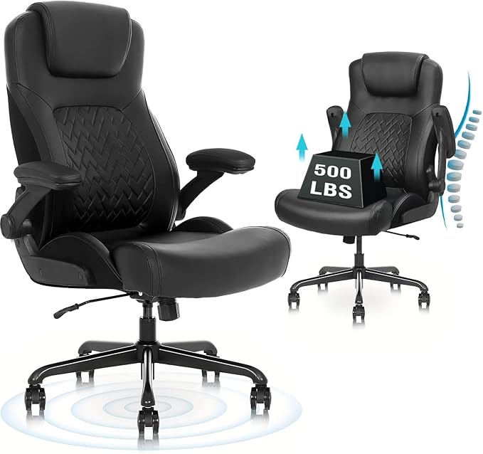 Ergonomic Executive Office Chair for Big & Tall - 500lbs Capacity with Lumbar Support & Flip-Up Armrests, Heavy Duty PU Leather Computer Desk Chair, Black