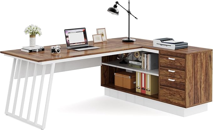 Tribesigns 71-Inch Executive Desk, L-Shaped Desk with Cabinet, Large Office Desk with Drawers and Storage Shelves, Writing Table Computer Desk for Home Office, Brown and White