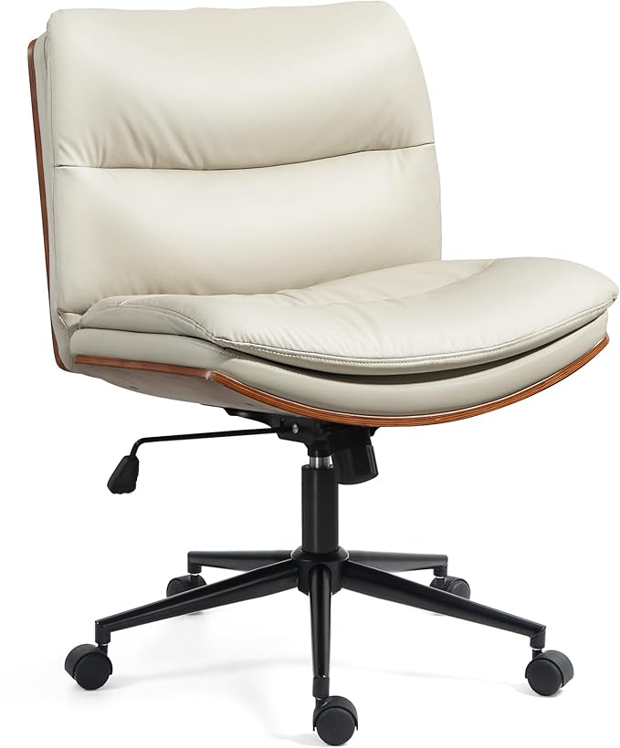 Office Chair, Criss Cross Legged Office Desk Chairs with Wheels, PU Leather Adjustable Swivel Walnut Task Chair with Wide Seat, Ergonomic Mid Back Computer Chair for Meeting Room, Home