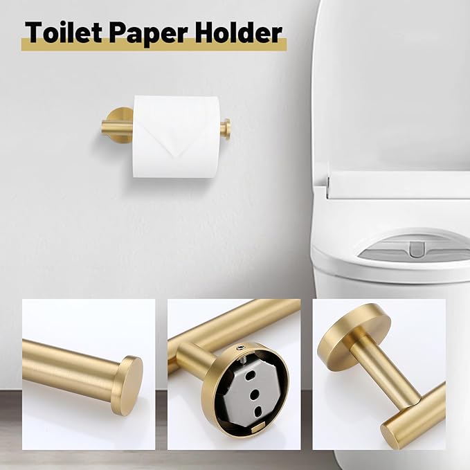 Bathroom Towel Holder Set, 6 Pieces Brushed Gold Towel Bar Bathroom Hardware Accessories Set, SUS304 Stainless Steel Towel Rack Towel Ring Toilet Paper Holder Set Wall Mounted