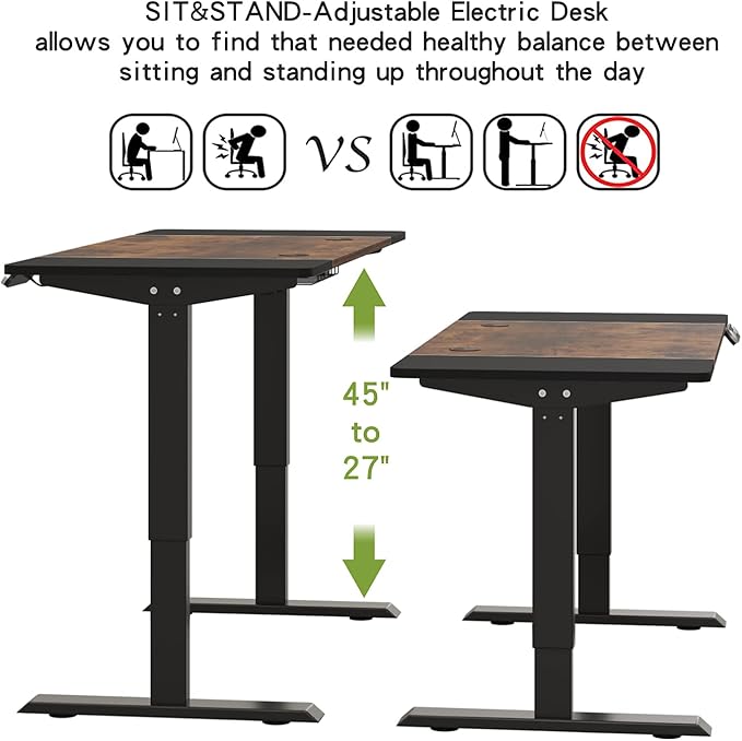 Radlove Electric Height Adjustable Standing Desk, 55 x 24 Inches Sit Stand up Workstation, Splice Board Memory Computer Table Ergonomic (Black Frame + 55" Black+Brown Top)
