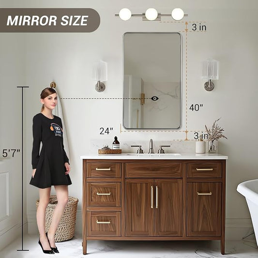 ANDY STAR Wall Mirror for Bathroom, 24x40 Inch Brushed Nickel Rectangle Bathroom Mirror for Over Sink, Modern Silver Rectangular Mirror for Vanity with Non-Rusting Tube Metal Frame, Explosion-Proof