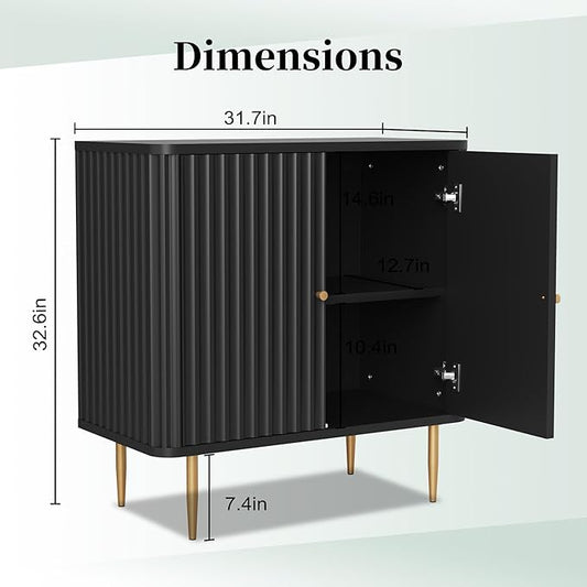 HLR Sideboard Buffet Cabinet with Fluted Texture, White Accent Cabinet with 2 Doors, Modern Credenza Storage for Kitchen Living Room, Entryway (Black, 2Piece)