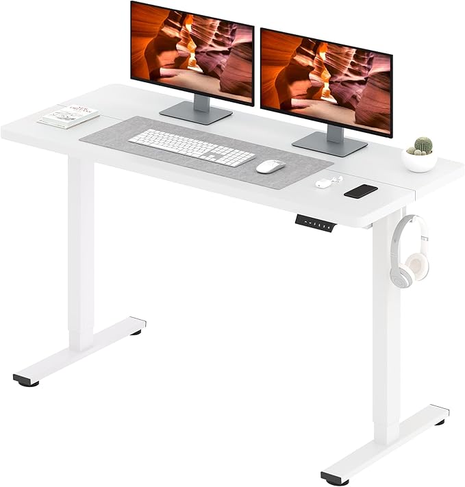 Adjustable Stand Up Desk with Memory Preset, 55 x 24 Inch Standing Desks Electric Desk for Home Office with Splice Board (White)