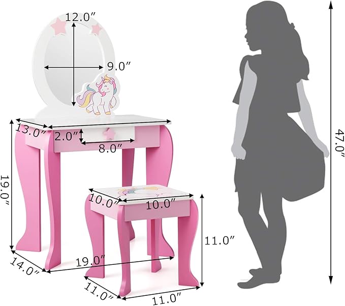 HONEY JOY Unicorn Kids Vanity, Toddler Makeup Table with Mirror and Stool, Wooden Pretend Play Vanity for Little Girls, Detachable Mirror and Storage Drawer, Kids Vanity Table and Chair Set (Pink)