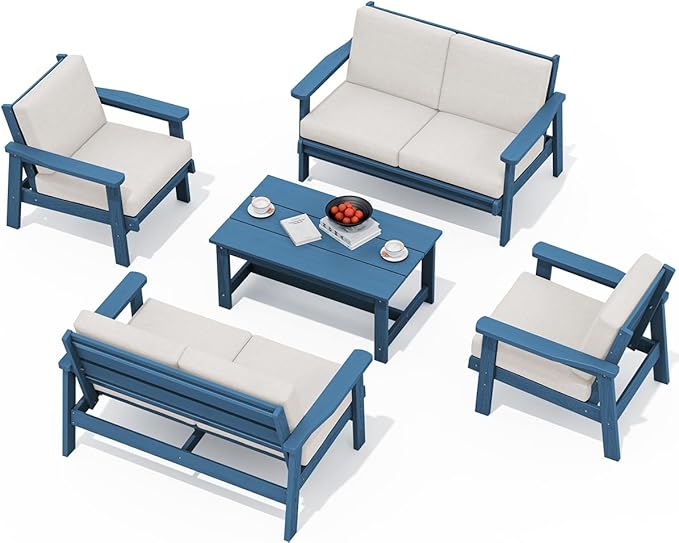 SERWALL HDPE Patio Furniture Set, 5 Piece All Weather Wood-Like Sectional Outdoor Furniture Set, Blue Patio Sofa Couch with Khaki Cushions for Deck, Lawn