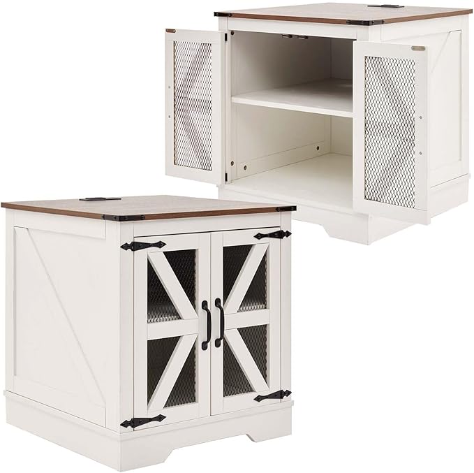 White Farmhouse End Table Set of 2, 24" Wood Sofa Side Table with Charging Station, Nightstand with Mesh Barn Door for Living Room, Square
