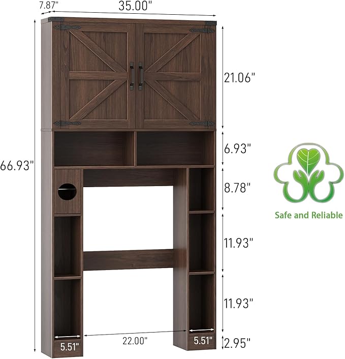 Vabches Over The Toilet Storage Cabinet, Farmhouse Storage Cabinet Over Toilet with 2 Barn Doors ,Toilet Paper Holder Stand,Home Space-Saving Toilet Rack, for Laundry, Restroom, Bathroom.Espresso.