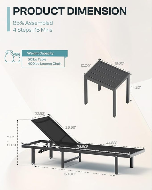 Pool Lounge Chairs Set of 2,Outdoor Lounge Chairs with Wheels and 5-Position Recliner -Easy to Move- Aluminum Patio Lounge Chair for Poolside, Deck (Black)
