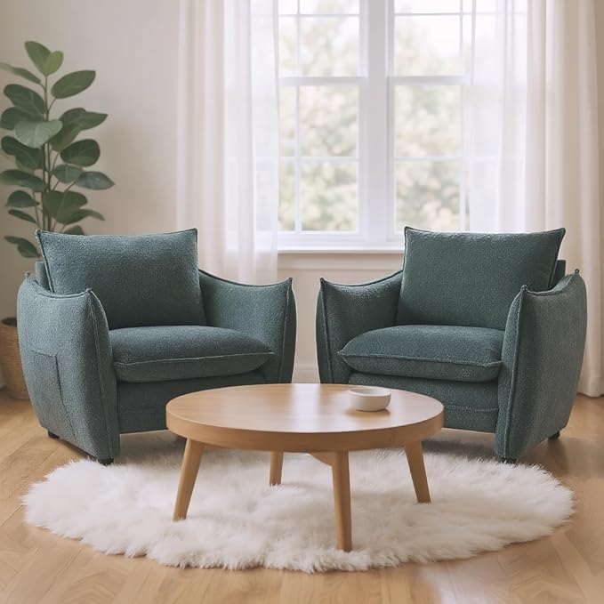 Oversized Accent Chair, Modern Single Sofa Cloud Chairs with Removable Pillow, Deep Seat Comfy Armchair for Living Room Bedroom Reading Nook - Upholstered Lounge Chair (Green, Set of 2)
