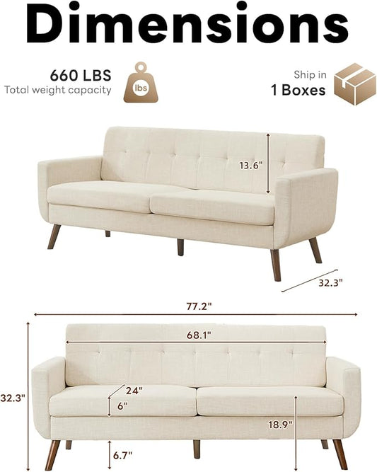 Tbfit 77" W Loveseat Sofa, Mid Century Modern Love Seat Couches for Living Room, Button Tufted Upholstered Small Sofa Couch for Bedroom, Beige