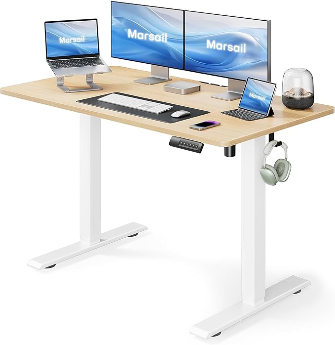 Marsail Electric Standing Desk,Adjustable Height Stand up Desk, 40 x 24 Inch Home Office Furniture Computer Desk, 4 Memory Preset with Headphone Hook, Cable Organizer, Maple
