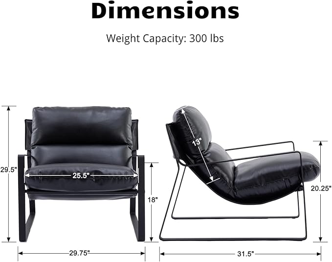 HEAH-YO Modern Accent Chairs Set of 2, PU Faux Leather Living Room Chairs with Removable Cushion and Solid Metal Frame, Comfy Reading Chairs for Bedroom, Black