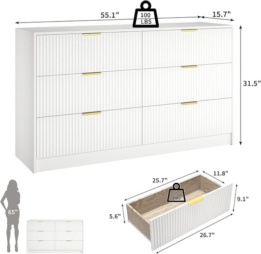 White 6 Drawer Dresser Bedroom,55” Wide Large White Fluted Dresser with Gold Handles, Modern Chest of Drawer for Closet, Bedroom, Living Room