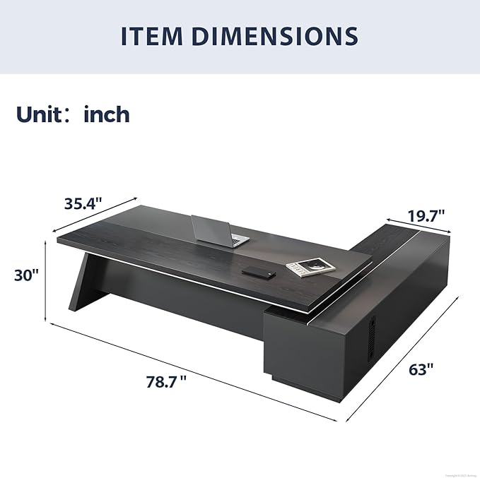 L-Shaped Black Executive Desk with Drawers, Large Modern Executive Office Desk with Storage Cabinets, Cable Box, Wide Desktop โ Home Office Desk (Left, 79" L * 63" W * 30" H)