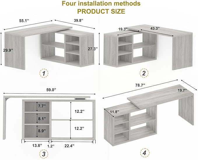 HSH Gray L Shaped Corner Desk with Storage Shelves, Reversible L Shape Computer Desk with Storage Cabinet, Adjustable Corner Home Office Desk for PC Executive Writing Study Work, Light Grey, 55 Inch