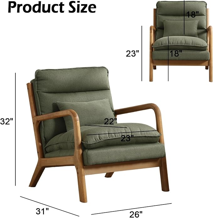 INZOY Accent Chairs Set of 2, Mid Century Modern Accent Chair with Wood Frame, Upholstered Reading Armchair with Waist Cushion, Side Chair for Living Room Bedroom Office, Easy Assembly, Green