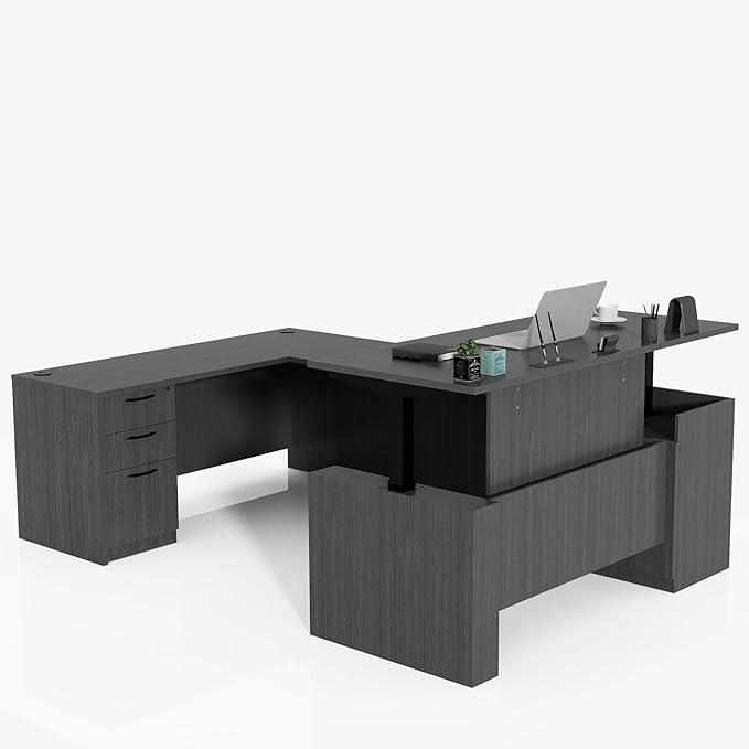 100.4'' Height Adjustable U-Shaped Executive Desk with 3-Drawer File Cabinet and Shelves (Grey-U)