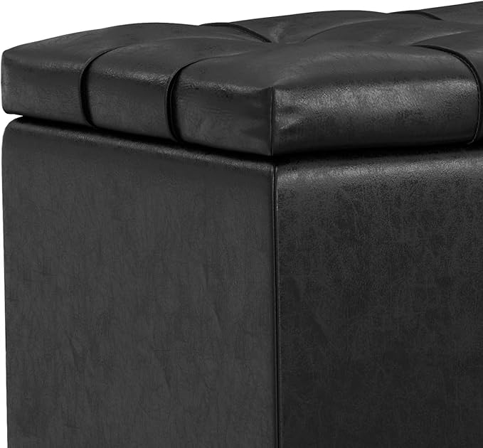 SIMPLIHOME Sienna 33 inch Wide Transitional Rectangle Storage Ottoman Bench in Distressed Black Vegan Faux Leather, Assembled, for The Living Room, Entryway and Family Room