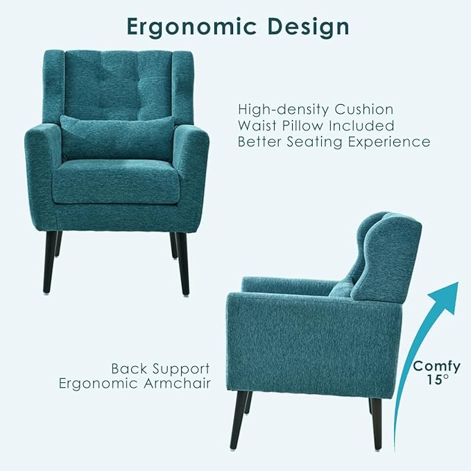 Accent Chair, Comfy Upholstered Living Room Chairs with High Tufted Backrest and Pillow, Wingback Reading Chair with Solid Wood Legs for Bedroom/Office, Chenille Fabric, Teal