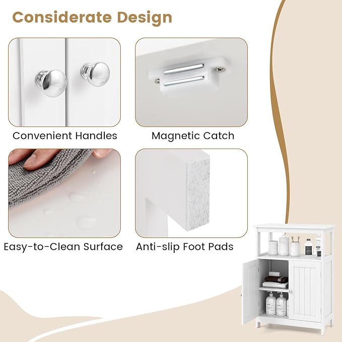 Tangkula Bathroom Storage Cabinet, Freestanding Floor Organizer with 2 Doors & 1 Adjustable Shelf, Modern Home Bathroom Furniture for Living Room Entryway Kitchen (Cabinet, White)