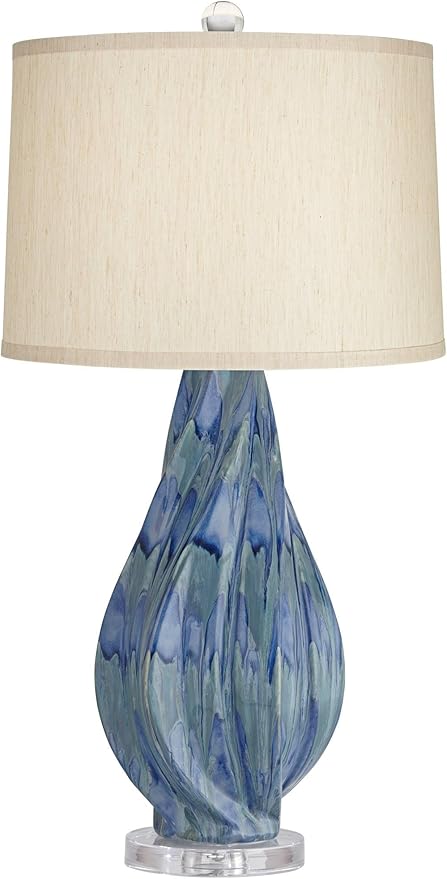 Possini Euro Design Teresa Modern Coastal Table Lamp 31" Tall Teal Blue Drip Ceramic Beige Fabric Drum Shade Decor for Bedroom Living Room House Bedside Nightstand Home Office Entryway Family