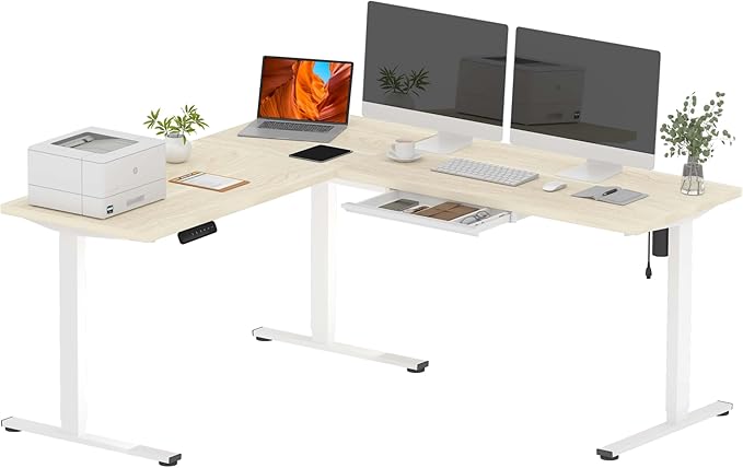SANODESK L Shaped Electric Standing Desk with Drawer, 71 Inch Ergonomic Adjustable Height Desk with Storage, Corner Desk Sit Stand up Computer Table for Work Office Home, Maple