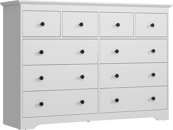 White Dresser for Bedroom, 10 Drawer Dresser with Large Drawers, 55 Inch Wide Wood Chest for Living Room, Hallway