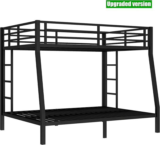 Higher Quality & Stronger Heavy Duty Industrial Style Metal Full XL Over Queen Bunk Bed, Thickened More Stable Black Steel Bunkbed Bunk Queen Bed (Easier to Assemble) (Full XL Over Queen)
