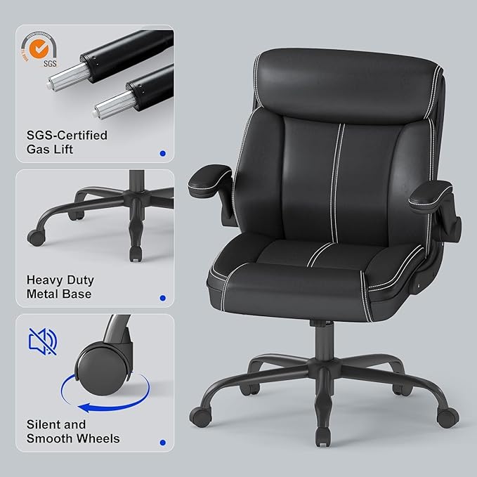AnyGod Executive Leather Office Chair, Ergonomic Home Office Desk Chair with Flip-up Armrests, Lumbar Support, Adjustable Height, Mid-Back with Rocking Function for Executives
